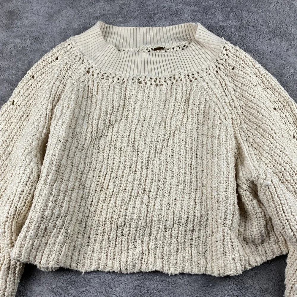 Free People‎ Knit Cropped Sweater Womens Size Small Beige Long Sleeve Pullover